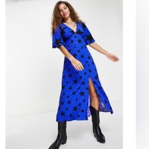 Topshop Blue And Black Star Print Maxi Dress Size 10